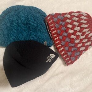 The North Face Bundle Black Logo Beanie with Teal and Red Knit Hats
